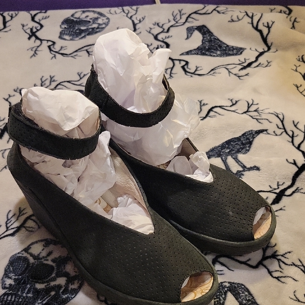 Fly London Black Peep-Toe Wedges
